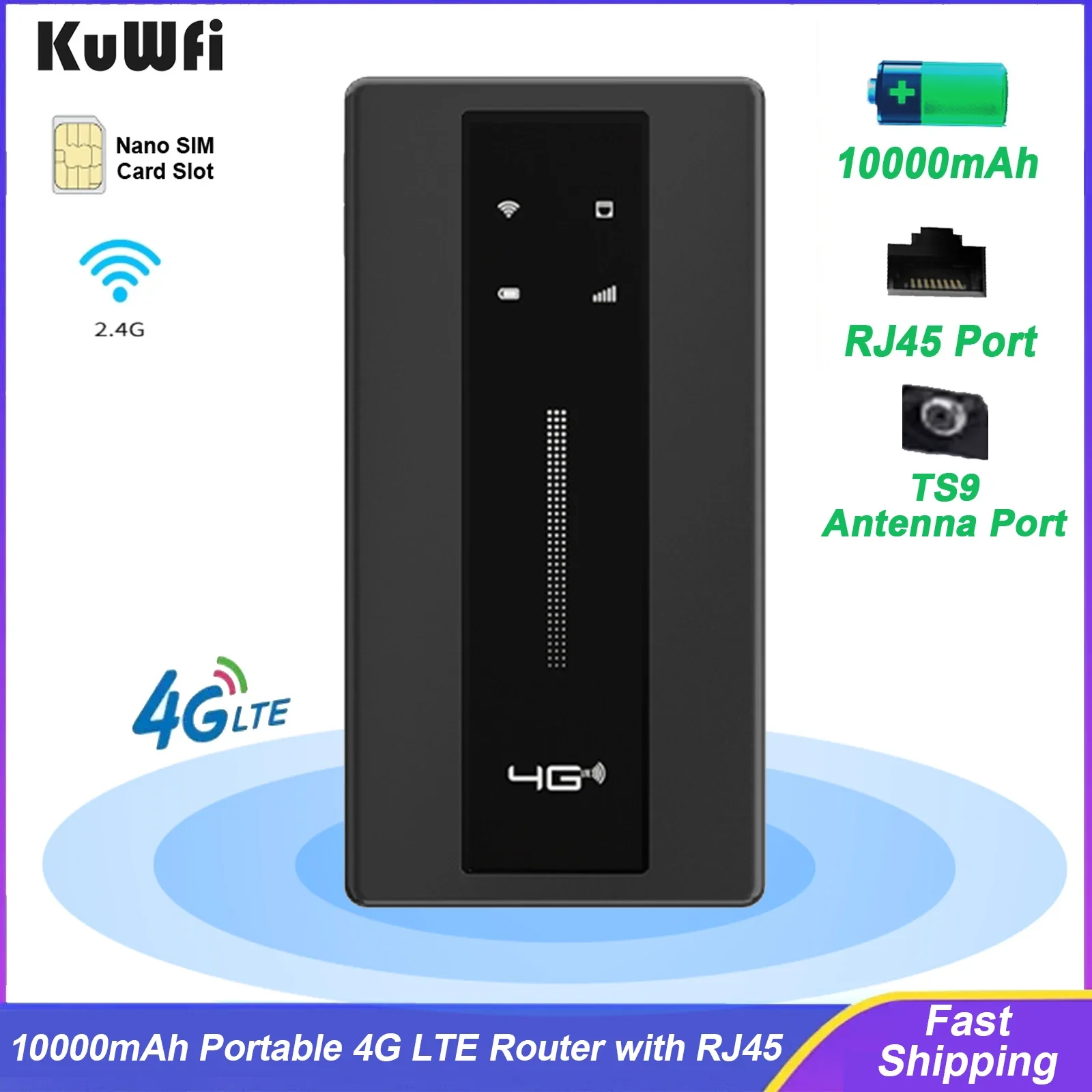KuWFi 10000mAh 4G LTE Router Wireless Wi-Fi Router CAT4 Outdoor Travel Portable Mobile Hotspot with RJ45 TS9 Antenna Port WPS