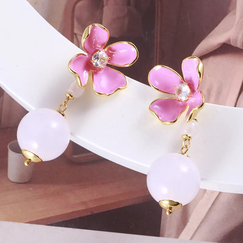 

Europe and the United States new enamel glaze pink flower round earrings