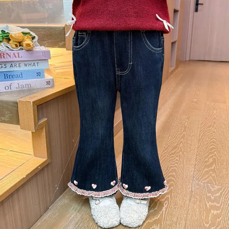 

Girl Thicken Bell-Bottoms Winter Autumn Jeans Elastic Waist Homewear Child Versatile Keep Warm Kawaii Fashion Casual Clothing