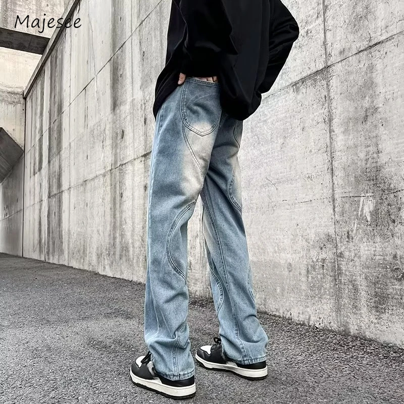 Men Straight Jeans Designed Unique Pockets Curve Harajuku Fitting High Street American Style All-match Fashion Cozy New Young