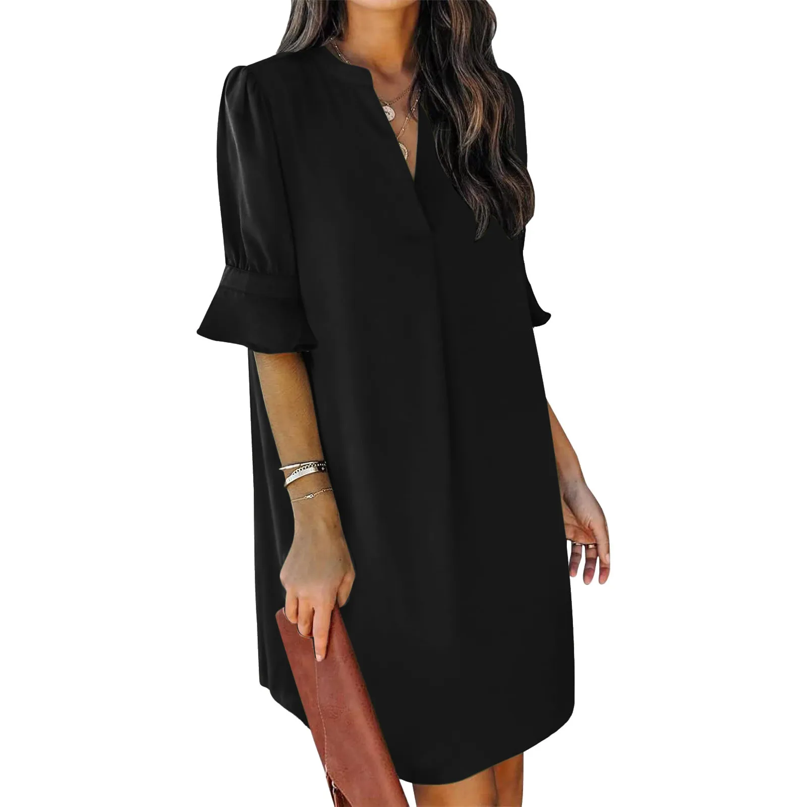 

Women Elegant Dresses Outfits Womens Solid Color V Neck Ruffle Dress Summer Casual Tunic Short Dress Vestido Mujer Female Dress