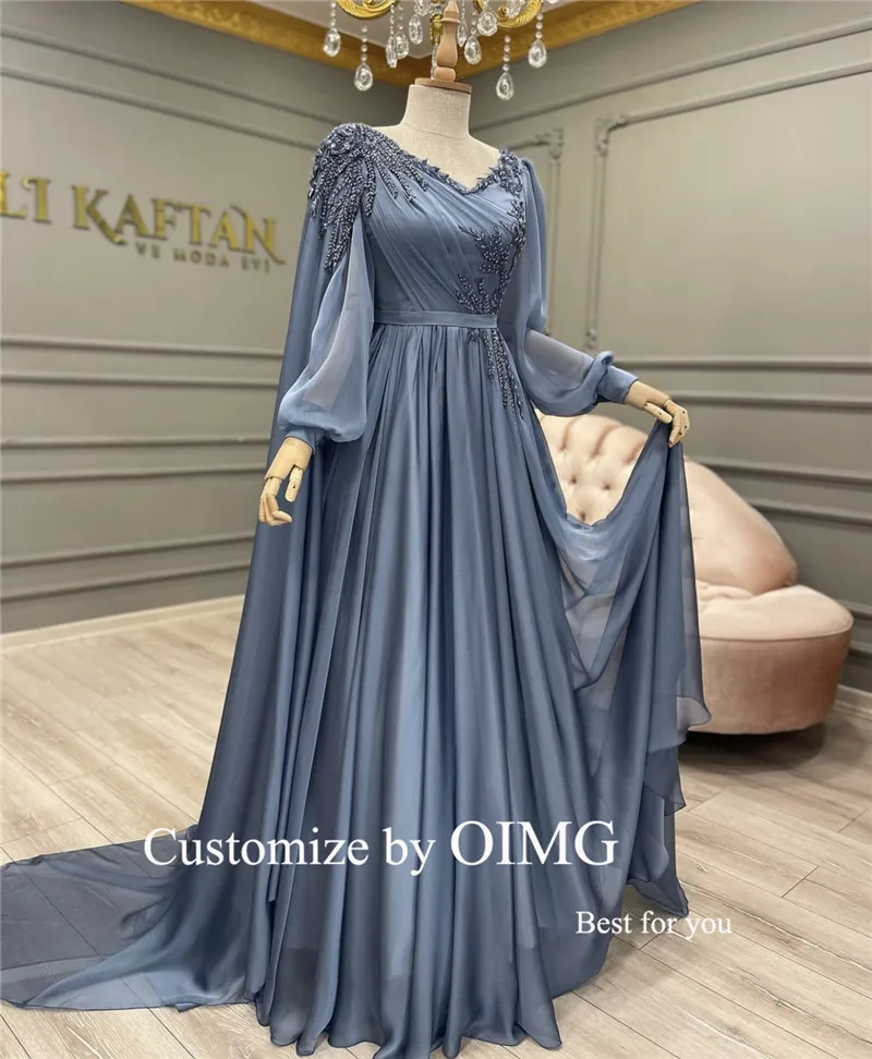 OIMG Dusty Blue Chiffon Evening Dresses Long Sleeves Cape Train Beads Prom Dress Dubai Women Elegant Formal Gown Customized