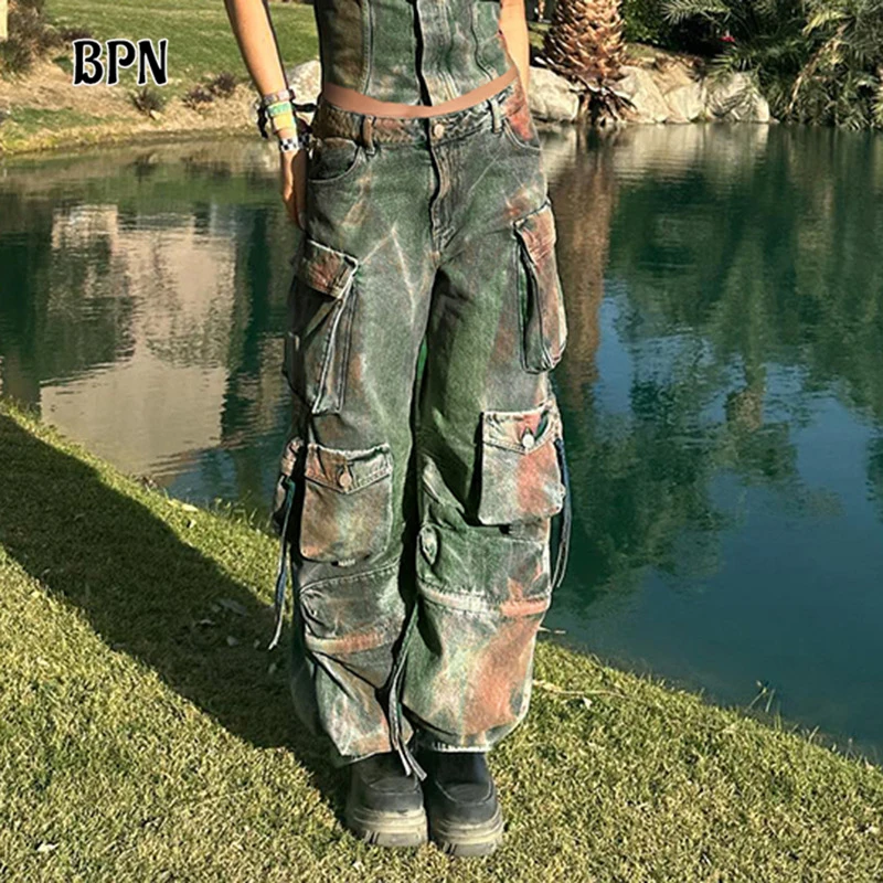 BPN Hit Color Spliced Pockets Demin Jeans For Women High Waist Patchwork Button Streetwear Casual Loose Wide Leg Pants Female