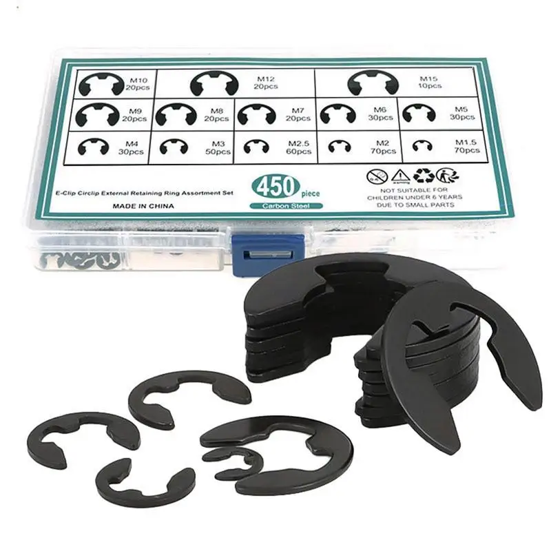 E Clips 450pcs Retaining Rings Stainless Steel E-Clip Circlip Assortment Set 13 Sizes Of 1.5/2/2.5/3/4/5/6/7/8/9/10/12/15mm