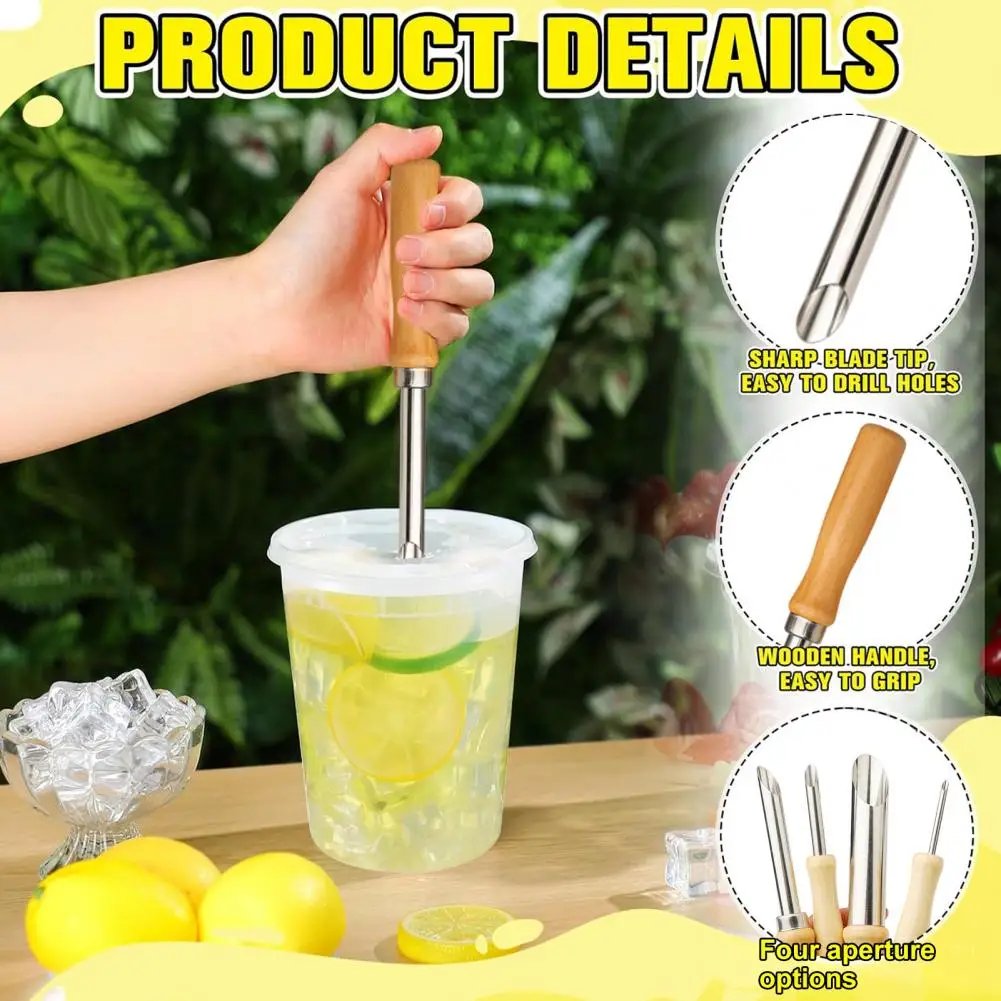 Plastic Cup Lid Puncher 4pcs Stainless Steel Straw Puncher Set Lemonade Cup Lid Hole Puncher Plastic Lid Puncture Tool for Cafe