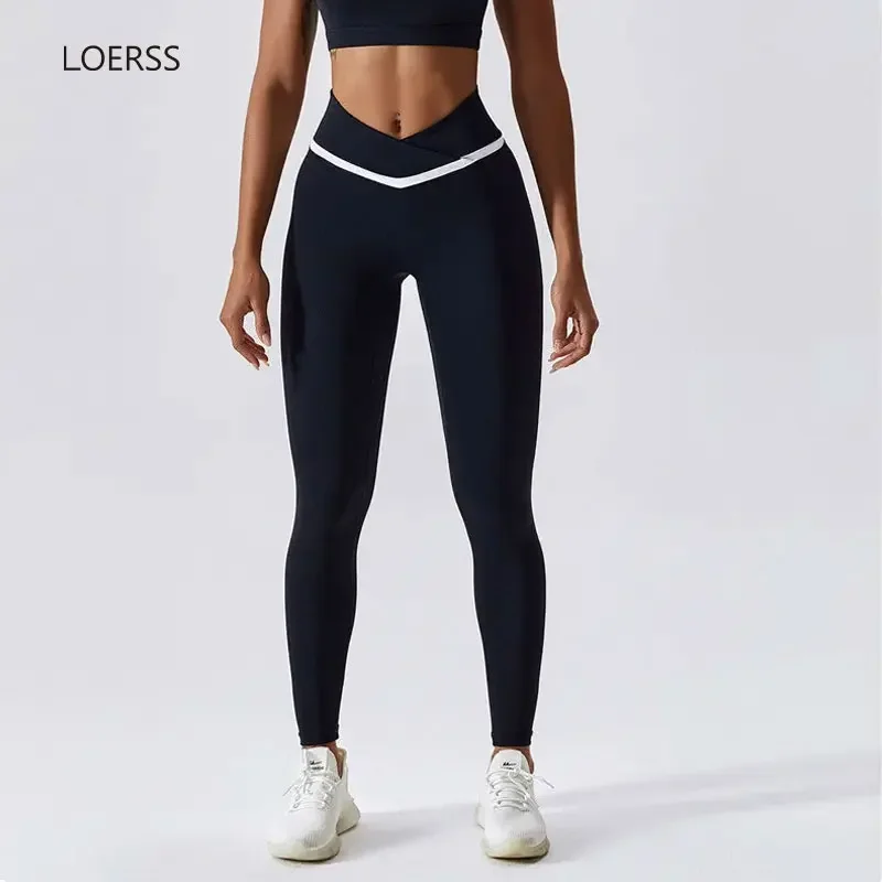 

LOERSS Women Yoga Pants Contrast Color High Waist Sports Leggings Quick Dry Tight Trousers Fitness Running Elastic Workout Pants