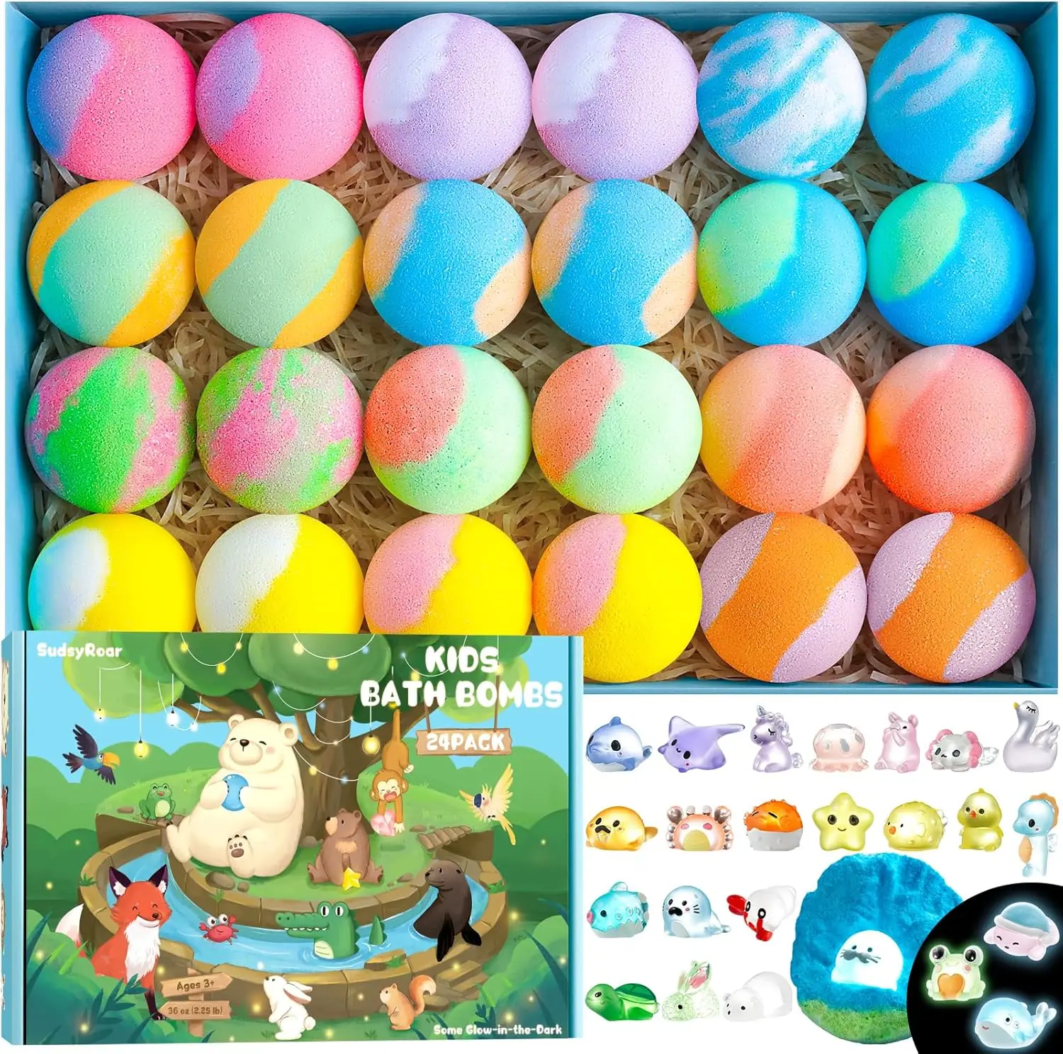 

24 Pack Kids Bath Bombs with Glow-in-The-Dark Toys Inside, Fizzy Bath Salt Balls for Boys Girls Birthday Party