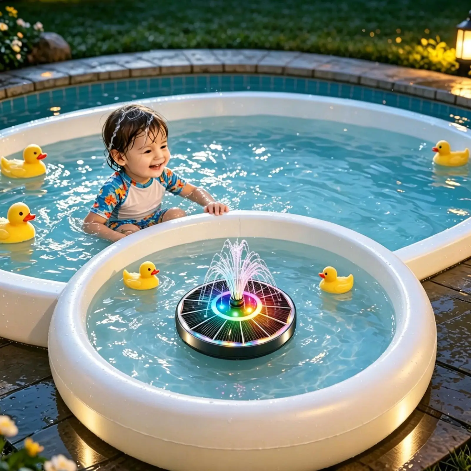 Solar Fountain For Bird Bath Colorful Lights Floating With 6 Nozzles Circular Solar Power Bird Bath Fountains For Outdoor