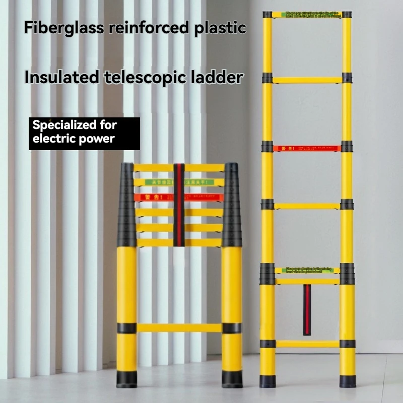 Insulated telescoping ladder, specially designed for electrical maintenance, made of fiberglass material, with safety straps