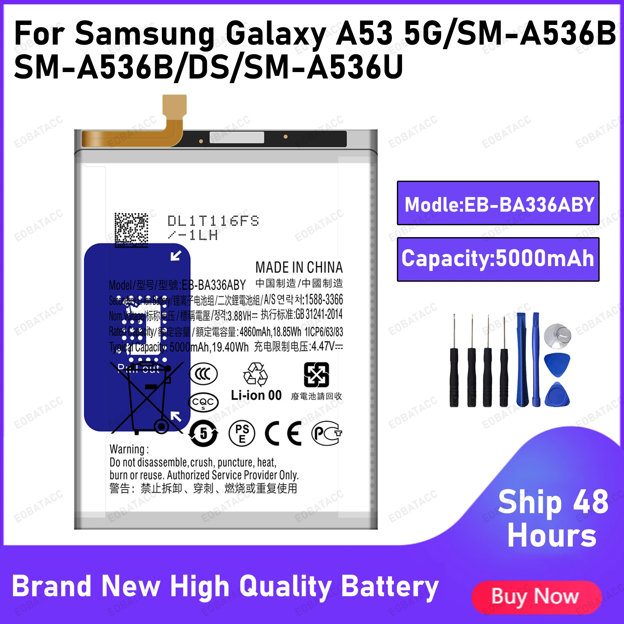 100% New High Quanlity Battery EB-BA336ABY For Samsung Galaxy A53 5G Battery+ Free Tools