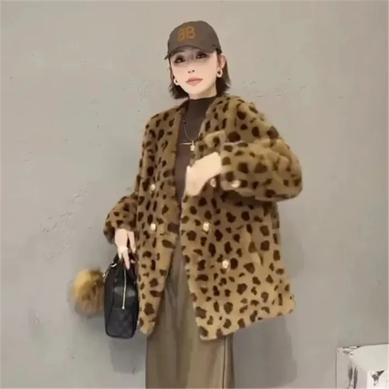 Chaqueta de una pieza con estampado de leopardo para mujer, abrigos con cuello en V, abrigo de piel sintética informal suelto, ropa de abrigo femenina, otoño e invierno, 2024