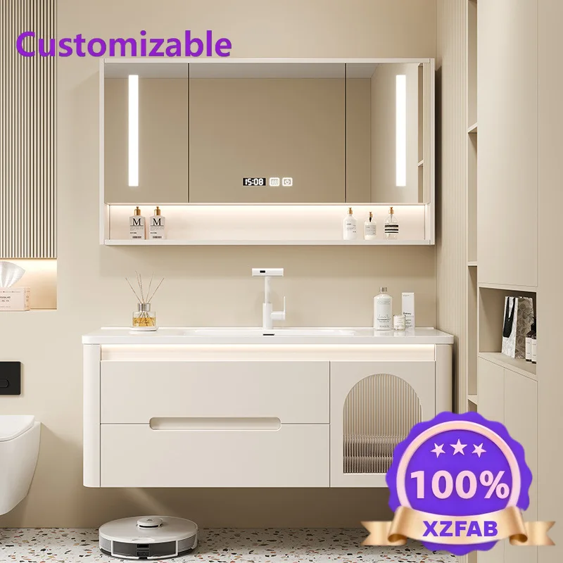 Factory Direct 2026 Modern Oak Bathroom Cabinet Ceramic Bathroom Combination Cream Rounded Corners Integrated Smart Hand Wash
