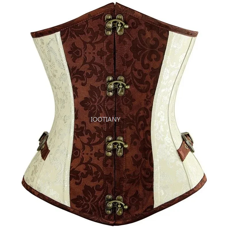 

New Brown Retro Gothic Shapewear Punk Court Short Section Steel Bone Waist Seal Belly Bustiers Women Printing Slimming Underbust