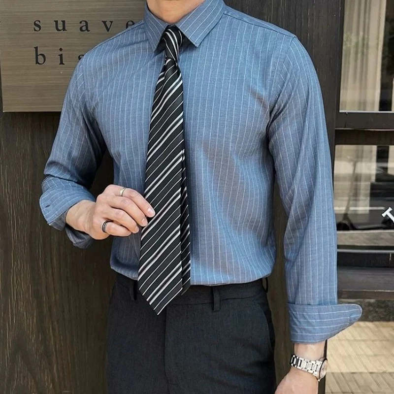 New Men Striped Long Sleeve Shirt Dopamine Trendy British Style Business Casual Shirt
