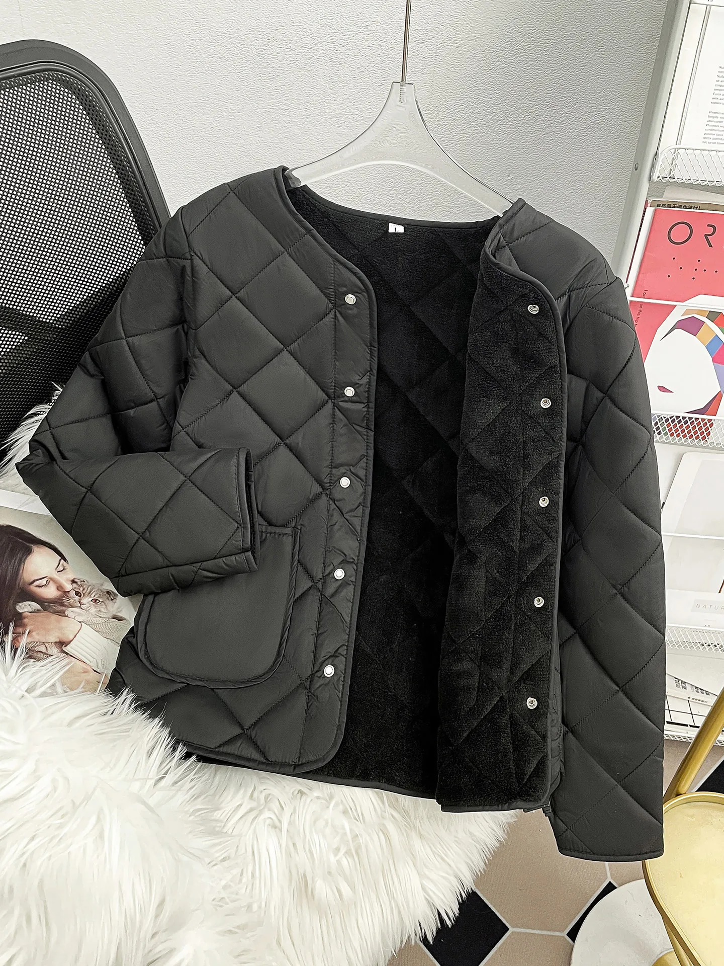 

Slim Fit ort Cotton Jaet Lightweight Thin round Ne Alloy Bule Warm Inner Cotton Coat Autumn Winter Commute Sle