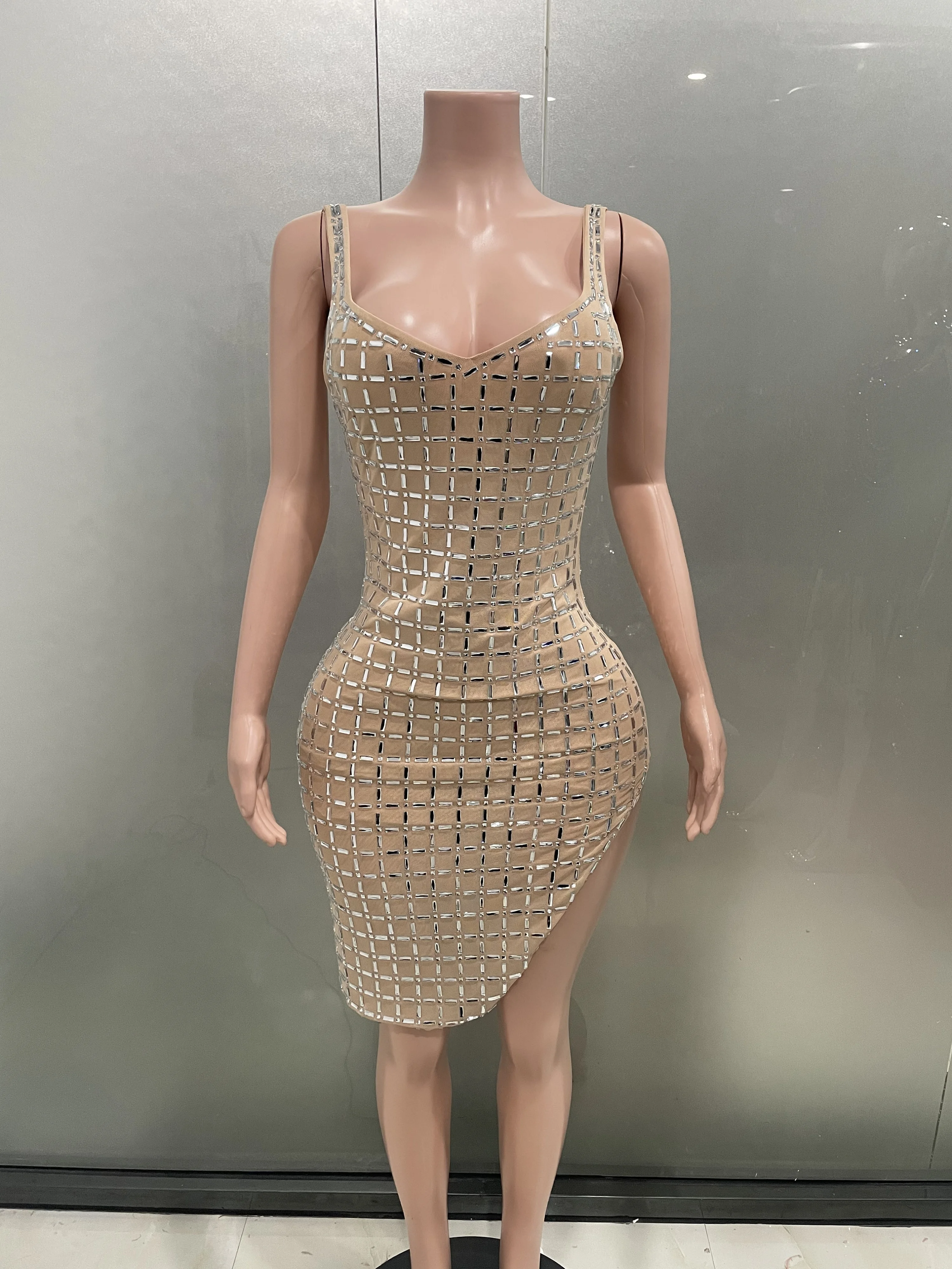 Women Shining Crystals Mesh Beige Mini Dress Luxury Sexy Fashion Stage Wear Birthday Party Nightclub Performance Costume