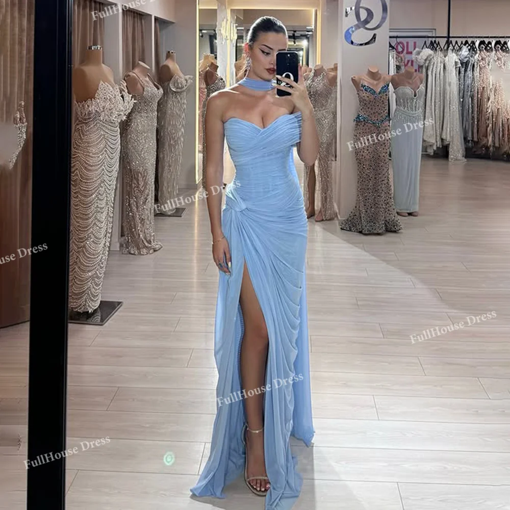 

Custom Made Simple Off Shoulder Pleated Evening Dress Sexy Sheath Side Split Backless Saudi Dress with Court شارون سعيد
