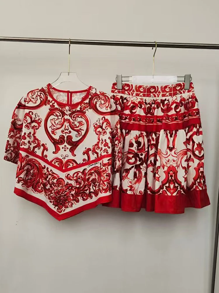 2026 Summer Women's Clothing Retro Geometric Print Irregular Pullover Two-piece Set + Loose Smocked A-Line Skirt Fashion Suit