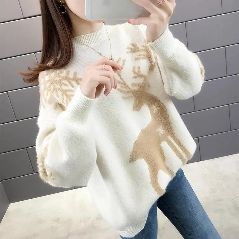 Women\'s Little Deer Christmas Sweater Thickened Loose Coat 2024 Autumn Winter New Fashion Tops Knitwear Shirts For Women Clothes