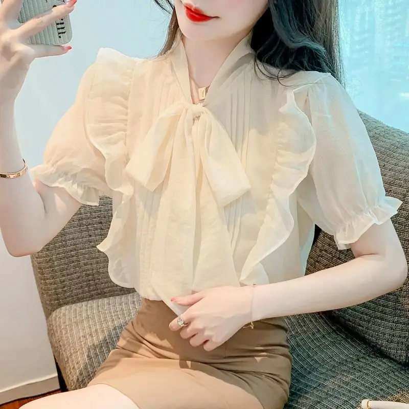 French Ruffled Edge Age Reducing Loose Chiffon Shirt for Women\'s Spring summer Sweet Temperament Bow Versatile Long Sleeved Top