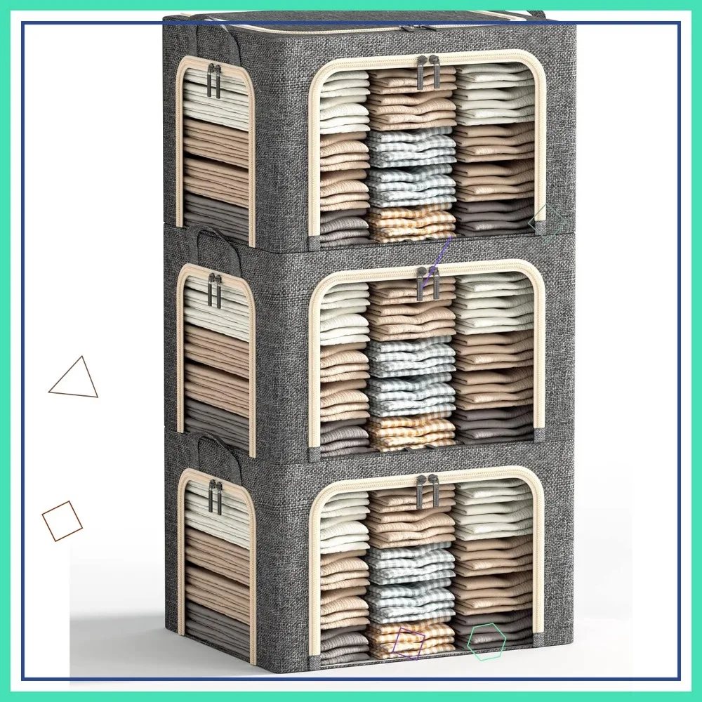 

Large Foldable Storage Bins with Metal Frame, Clear Window & Zippers, 3-Pack Dark Grey 66L for Clothes Organization