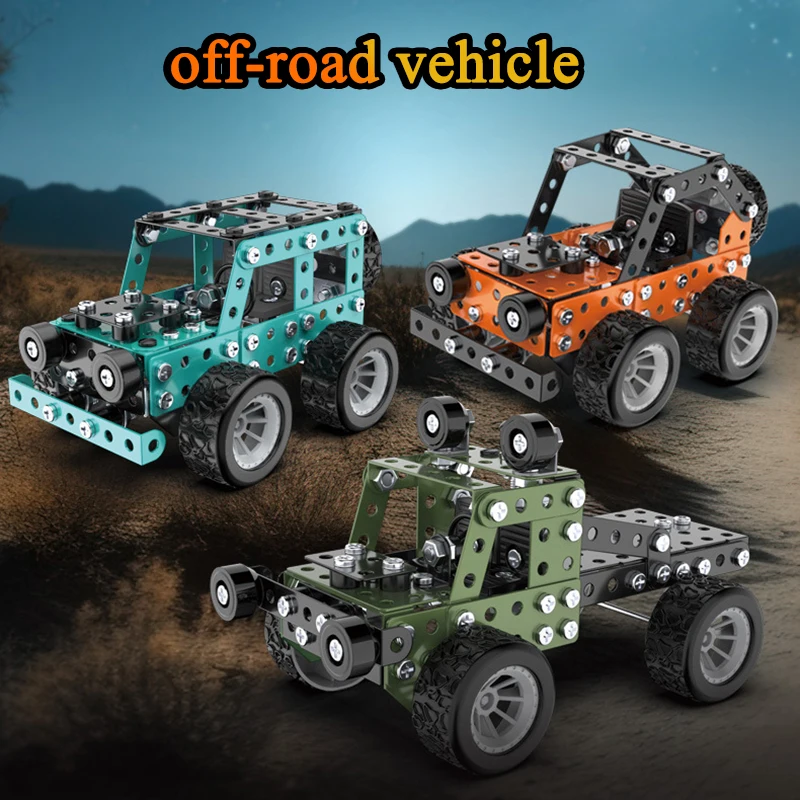 Diy bloco de construção de metal modelo de montagem veículo off-road escavadeira conjunto de veículos de engenharia simulação parafuso porca carro brinquedo para meninos