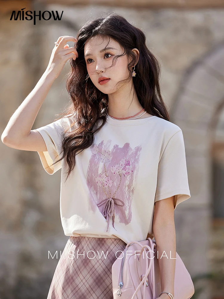 MISHOW Iris Cool Cotton T-shirt for Women Spring 2025 Spray Printing Slim Tees Round Neck Breathable Versatile Top MXE13T0453