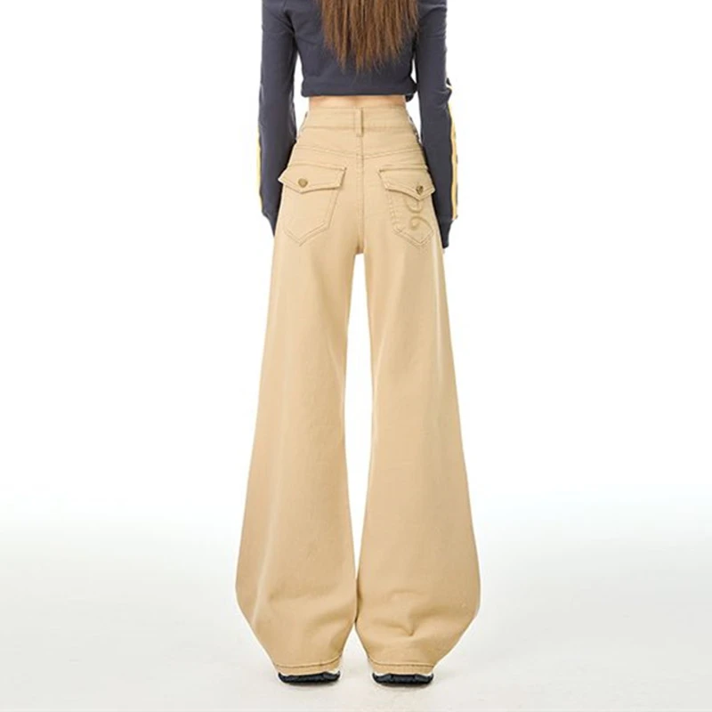 FINEWORDS Vintage taille haute jean évasé femmes décontracté cloche bas jean Easymatch coréen pleine longueur Beige jean