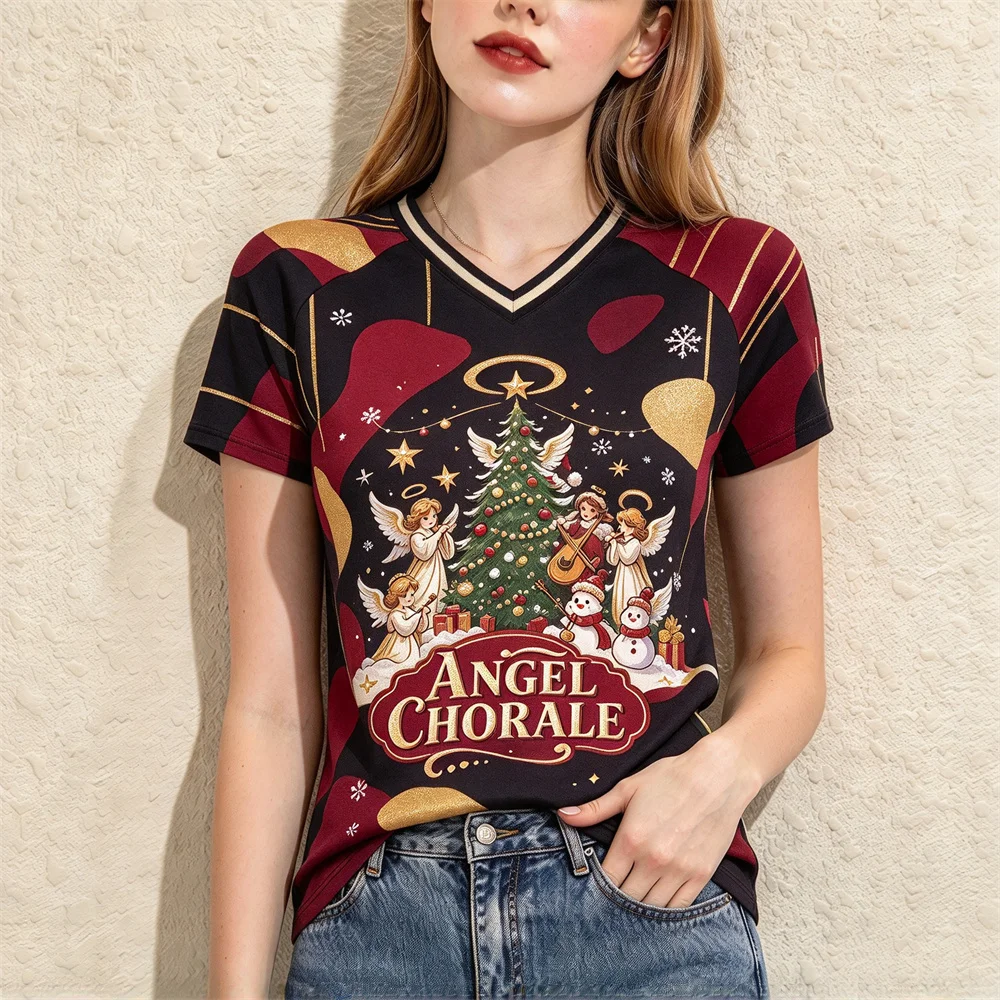Ladies Christmas Short Sleeve T Shirt Retro Winter V-neck Raglan Tee Plaid Stitching Top Xmas Holiday Daily Wear Women's T-shirt