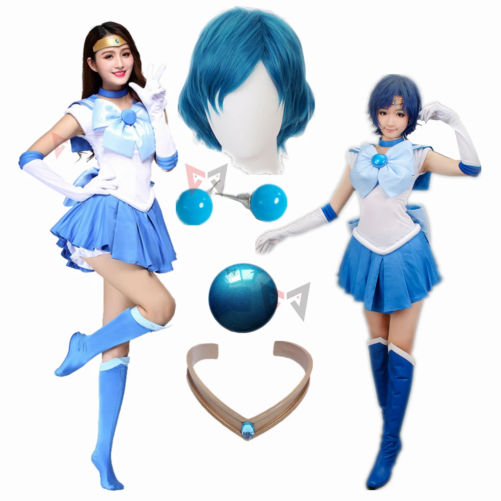 

MMGG Anime Sailor Ami Mizuno Sailor Mercury Cosplay Costume Custom Made Dress Bows Gloves Socks Headband Kids Adult Plus Size