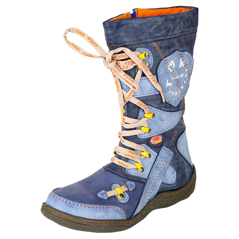 TMA EYES Patchwork Stitch-Detail PU Leather Mid-Calf Women's Boot