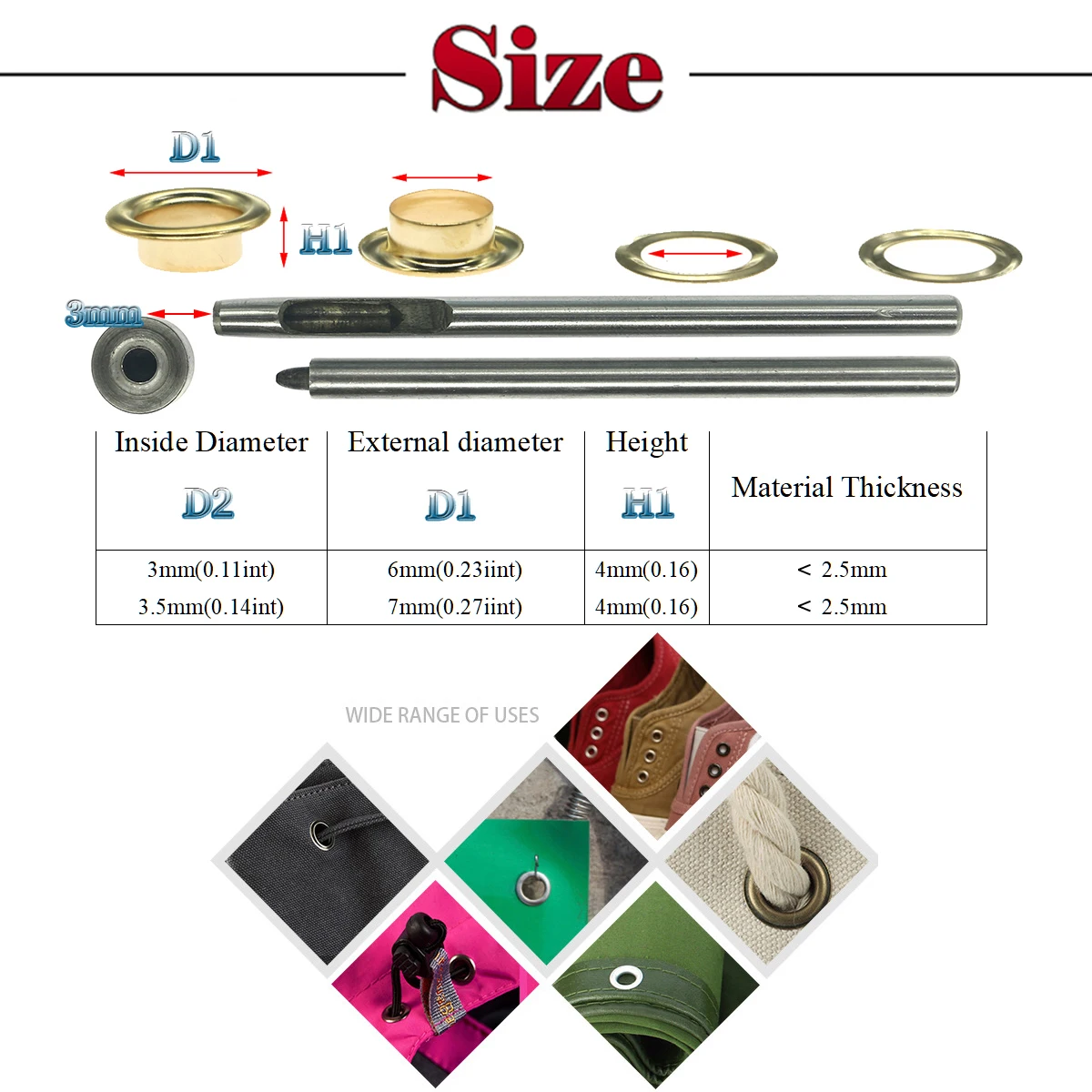 Hollow Rivet Eyelet and Eyelet Punch Die Tool Set, Eyelet Button for Belt Buckle, Clothing Decoration, 5 Colors, 100Set