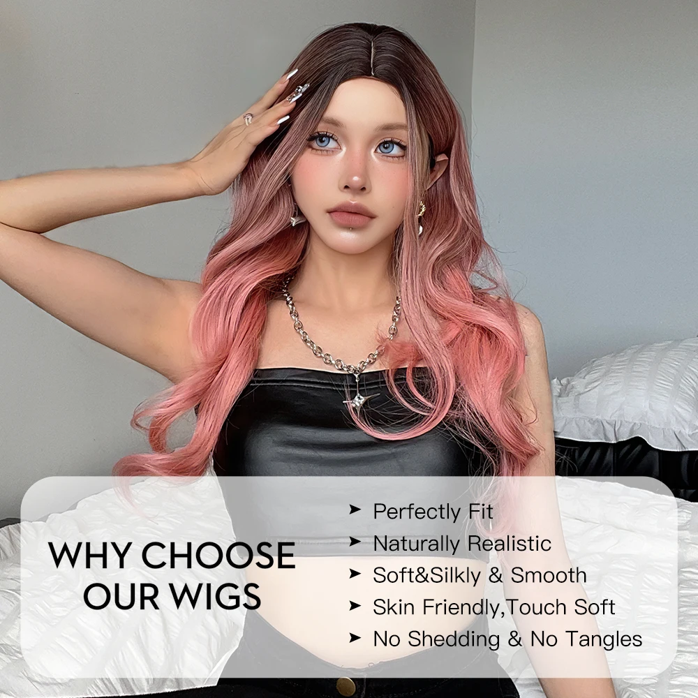 Middle Part Ombre Pink Synthetic Wig Long Wavy Natural Hair Wigs for White Women Pink Cosplay Party Lolita Wig Heat Resistant