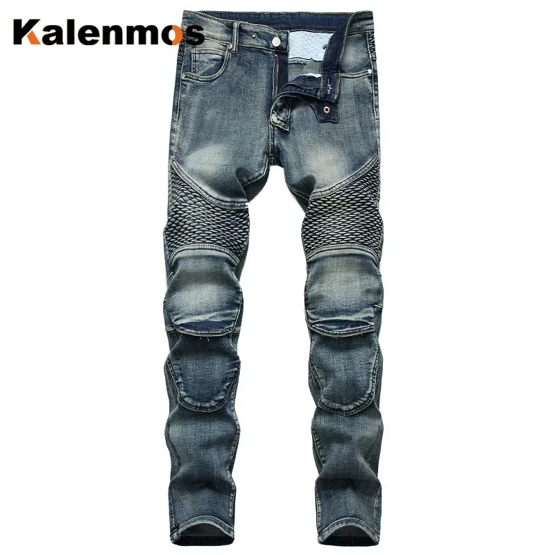 Jeans magro emendado masculino com bolsos, calça hip-hop, motociclista moto monocromático, mosca com zíper, comprimento liso do tornozelo, jeans lavado, verão, 2024