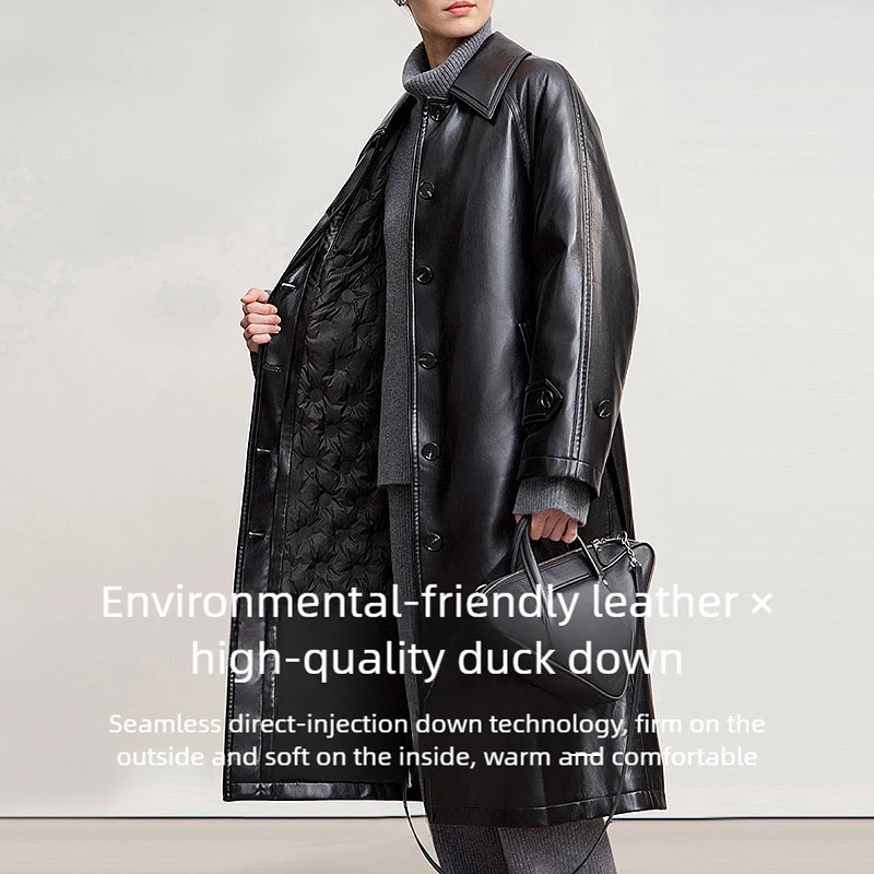AMII 다운 코트 2025 겨울 신상 벨트 포함 PU 가죽 솔리드 롱 다운 재킷 여성용 따뜻한 싱글 브레스티드 스트레이트 탑 12554039
