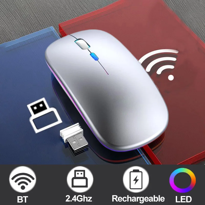 

Беспроводная игровая мышь RGB, перезаряжаемая, Bluetooth-совместимая, 2,4G, бесшумная эргономичная мышь, оптические мыши для геймера, Mac, ноутбука, iPad