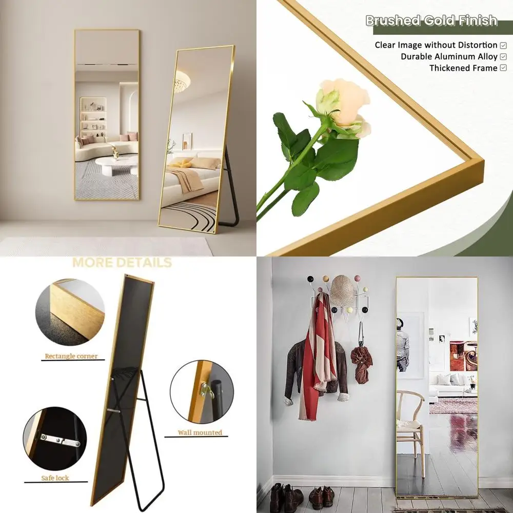 Espelho de chão autônomo grande, espelho de parede de comprimento total 64 x 21 para quarto, espelho de corpo inteiro com suporte