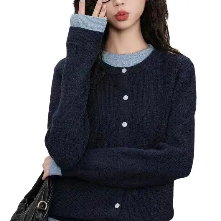 

2024 Spring Full New Round Neck Splicing Style Small Fragrant Style Women's Loose Sweater Jacket Open Knitted Woolen Sweater