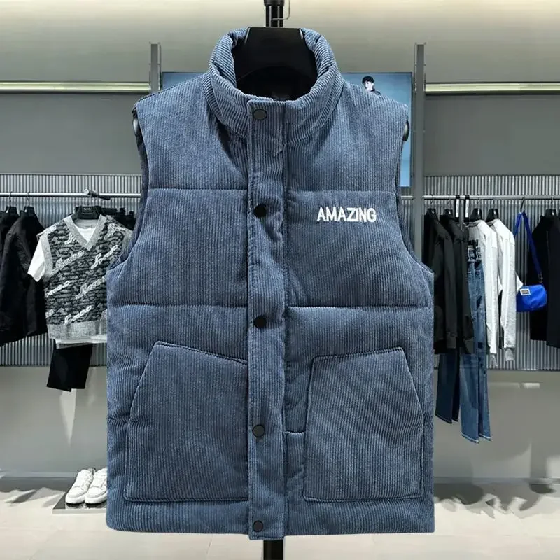 

Men's Thickened Corduroy Cotton Vest Winter Thermal Layered Jacket with Stand Collar Warm Denim Vest for Men Outdoor Sports