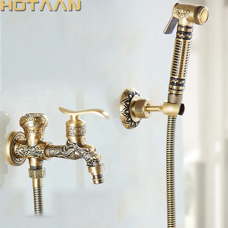 Wall Mounted Antique Brass Bidet Faucets Bathroom Shower Toilet Washing Machine Faucet Cold Water With Hand Shower Bracket Y5195