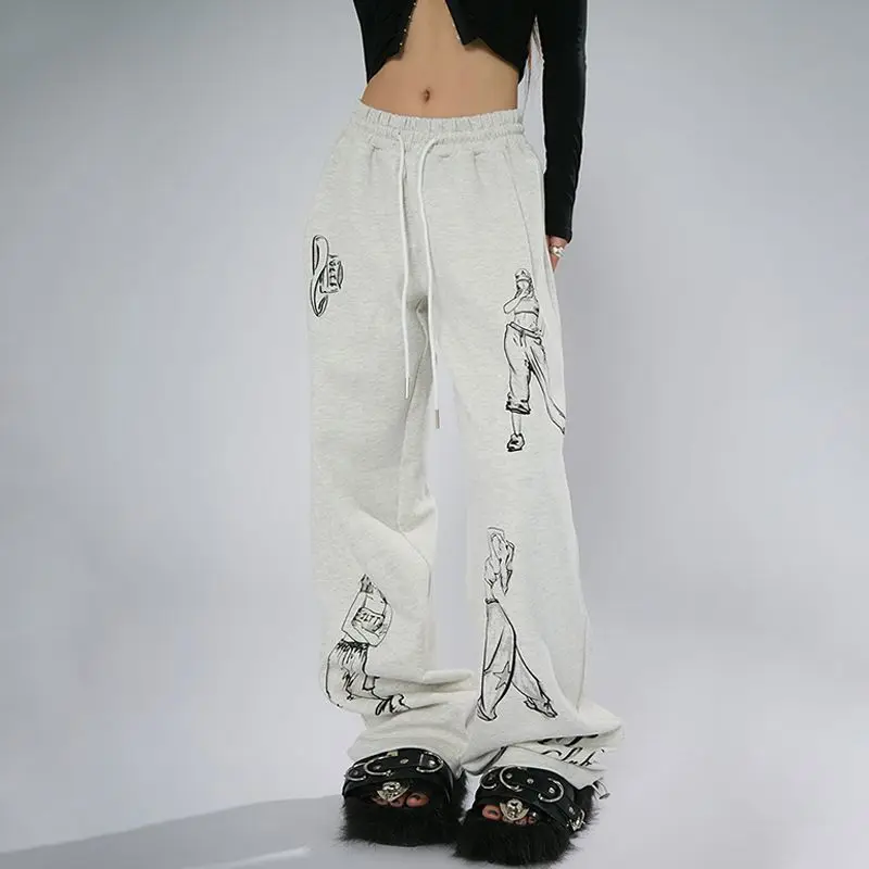 2024 New Summer Hip Hop Oversized Elegant Fashion American Retro Women's Clothing Graffiti Draw the Rope Casual Chic Trousers