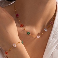 Cute Romantic Colorful Crystal Flower Pendant Necklace for Women Charm Gold Color Stainless Steel Choker Bracelet Jewelry Set