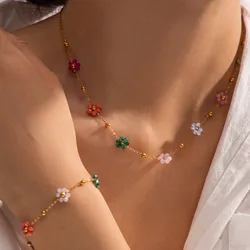 Cute Romantic Colorful Crystal Flower Pendant Necklace for Women Charm Gold Color Stainless Steel Choker Bracelet Jewelry Set
