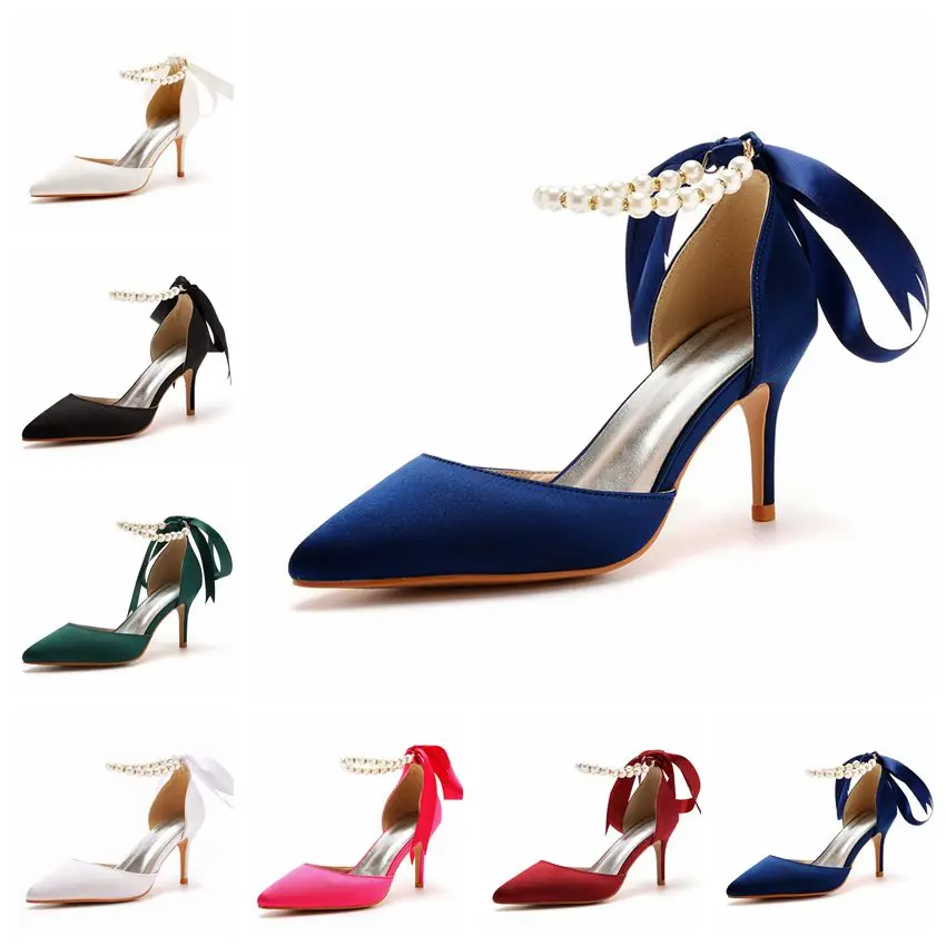 

Crystal Queen Women Pumps Sexy Ankle Straps Stiletto Silk Ribbon White Beading Wedding Shoes Ladies Bridal High Heels