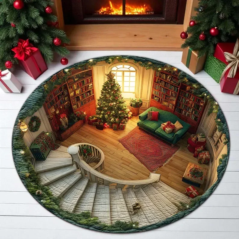 3D Christmas Round Rug – Quilted Tree Skirt with Cozy Library Design, Festive Holiday Home Decor