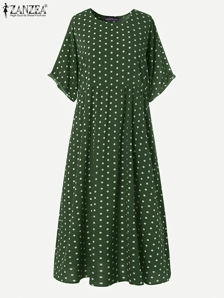 

ZANZEA Loose Casual Women's Midi Dress Bohemian Vacation Short Sleeve O Neck Polka Dot Long Robe Summer Vintage A-line Vestidos