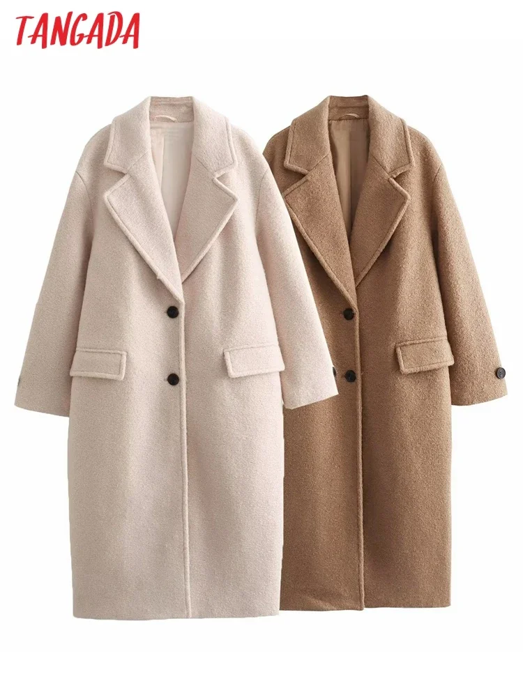 Tangada Women Beige Woolen Long Coat 2023 Winter Office Lady Warm Elegant Overcoat 6X32