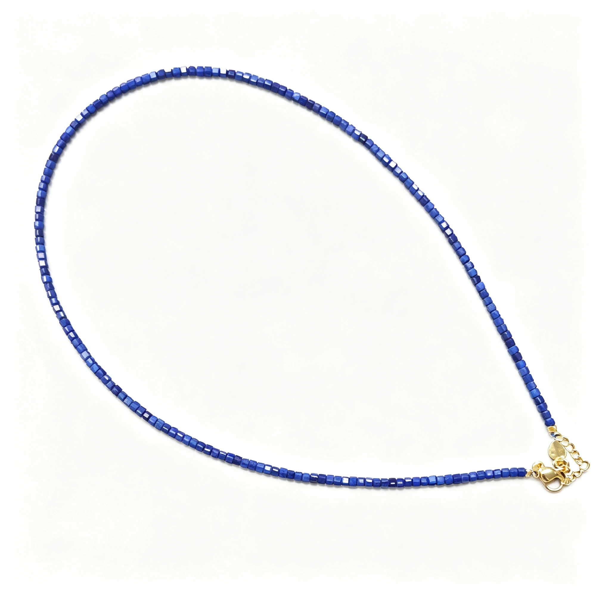 Natural Lapis Lazuli Gemstone Necklace 2.5mm Square Cube Beads Gold Tone Alloy Clasp Extension Chain Choker Jewelry Supply