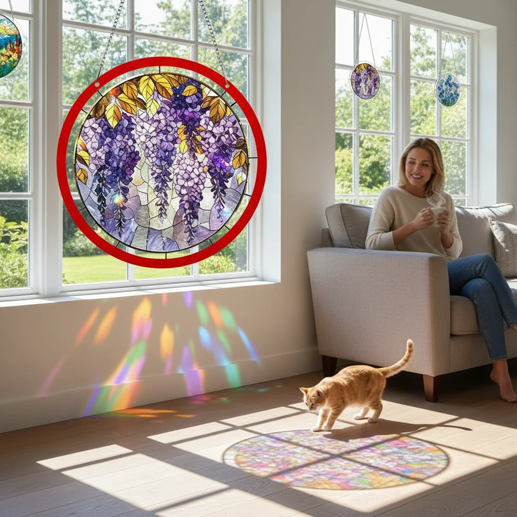 

Round Acrylic Puzzle Window Hanging Ornament18cm/20cm Exquisite Colorful Art Pendant Wall Window Garden Outdoor Decoration