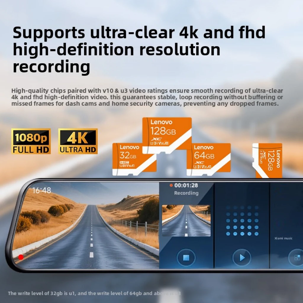 Lenovo Micro SD Card TF Memory Flash Card 128GB 64GB U3 V30 32GB U1 4K Full HD for Phone/Computer